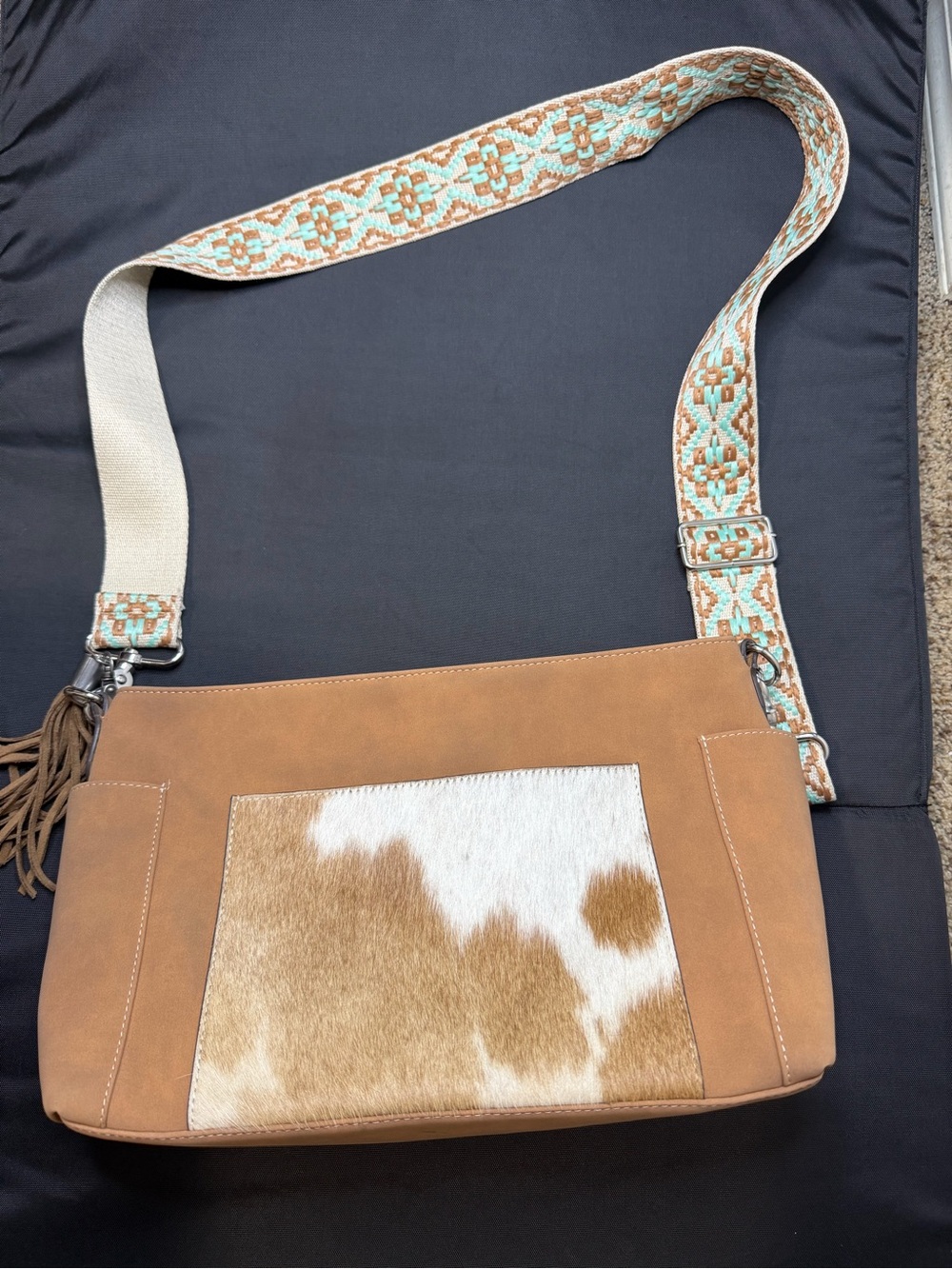 Nocona Tan and White Cowhide Crossbody Bag with Turquoise Patterned Strap